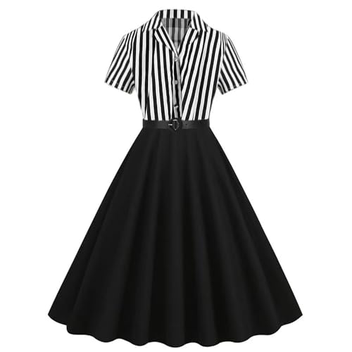 IWEMEK Damen Schwarz-weiß gestreiftes Rockabilly-Kleid, 1950er-Jahre-Kleid, Cocktailkleid, Schwarz-weiße Streifen, Groß, L