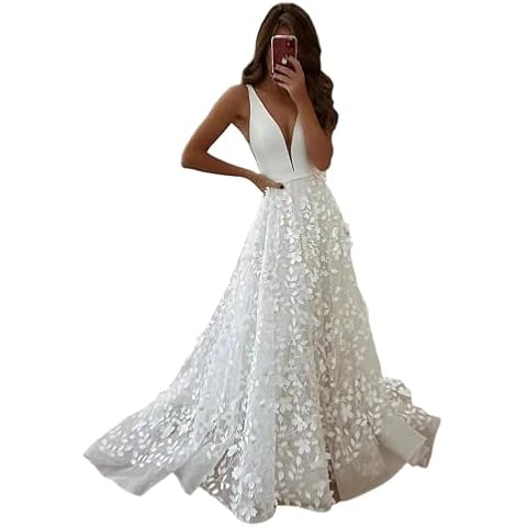 Ruolai Lace Beach Wedding Dress for Women 2024 Sexy Deep V-Neck Dresses Satin Boho Lace Appliqued Wedding Gowns Size 22 White Cover