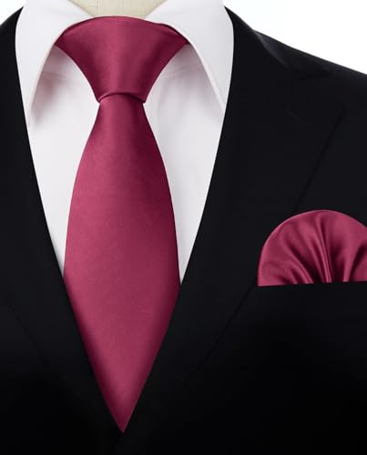 Image of HISDERN Mens Solid Color Ties Formal Satin Necktie and Pocket Square Set Classic Wedding Business Tie & Handkerchief