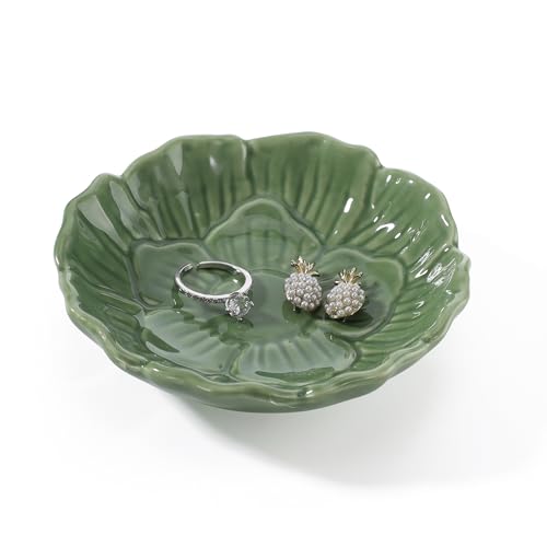 Image of Flower Ring Dish Holder,Jewelry Dish Tray,Small Trinket Tray,Jewelry Plate Bowl,Key Bowl,Decorative Plate,Birtdhay Christmas Gifts for Women Friends,Ceramic Green