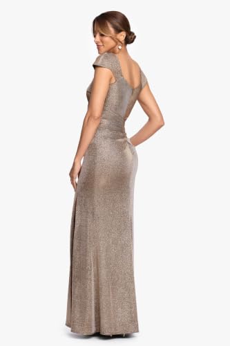Image of Xscape Women's Long Bodycon Formal Evening Gown with Cap Sleeves, Asymmetrical Neckline, Ruched Bodice and Front Slit