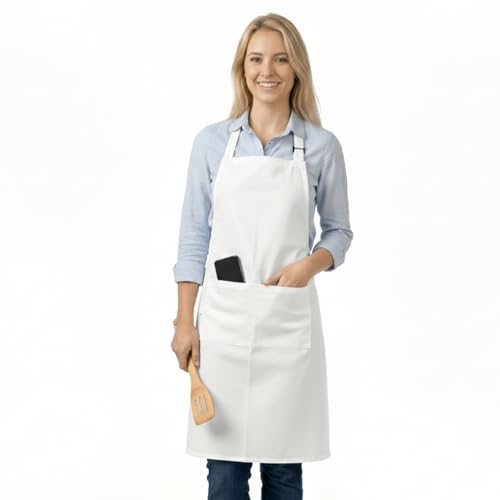 LivinEase Aprons for Women & Men Adjustable Apron with 2 Pockets Kitchen Apron for Cooking Baking BBQ Gardening White