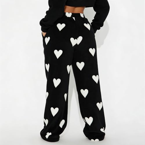 Image of Valentine's Day Flannel Pants Women's Romantic Heart Print Elastic Drawstring Waistband Wide Leg Loose Fit Trousers