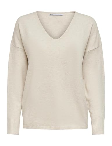 ONLY Damen Struktur Strickpullover V-Ausschnitt Sweater Lockerer Pullover Langarm Oberteil ONLRICA Life, Farben:Creme, Größe:S