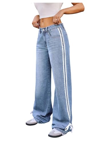 GORGLITTER Women's Y2k Wide Leg Jeans Cute Bow Stripe Side Baggy Trendy 2025 Denim Pants with Pockets