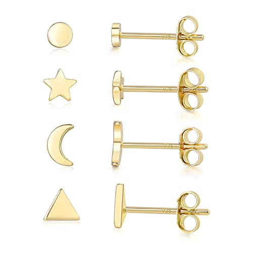Sterling Silver Stud Earrings - 4 Pairs Small Gold Plated Ball Earrings Triangle Stud Star Moon Round CZ Earrings Bar Earrings Set Hypoallergenic Cartilage Tragus Earrings