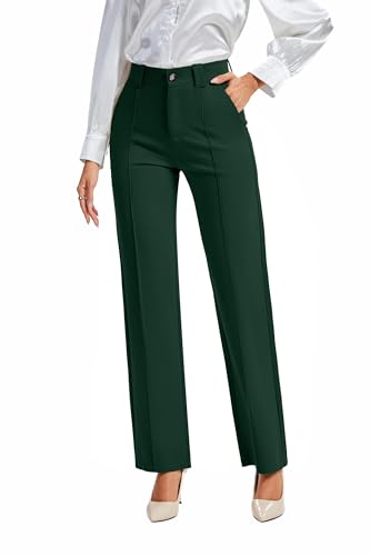 FUNYYZO Office Dress Pants for Women Stretch High Waisted Casual Business Long Trousers with Deep Pockets Dark Green