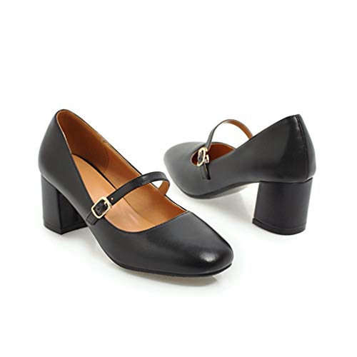 MIOKE Women's Square Toe Mary Jane Pump Oxford Leather Buckle Strap Chunky Block Mid Heel Retro Dress Shoes3
