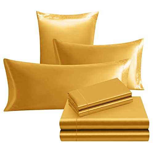 Image of Ersmak 7 Pieces Satin Sheets Set King Size, Luxury Silky Gold Satin Bed Sheets Set with 1 Deep Pocket Fitted Sheet, 1 Soft Flat Sheet, 4 King Pillowcases and 1 Body Pillowcase