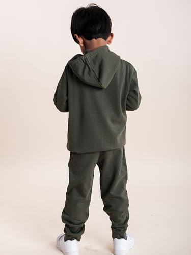Image of Boys Solid Fleece Full Sleeve Zip Front Open Hooded Sweatshirt With Track Pant Set