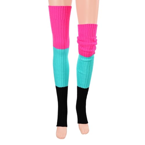 Littleforbig Thigh High Bright Color Blocked Novelty Knit Stacked Extra Long Over The Knee Knitted Stirrup Stockings - Red & Blue & Black3