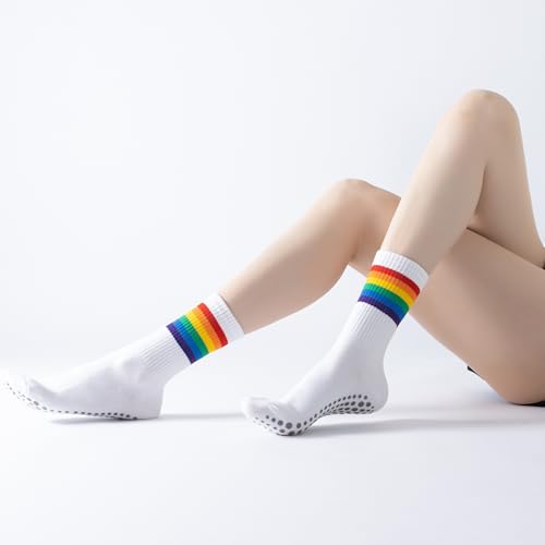 Image of Verdancy Yoga Pilates Socks with Grips for Women Striped Cushioned Non Slip Crew Socks for Barre Ballet Dance