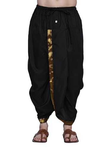 Rameshwaram Fabrics Black Dhoti for Men, Readymade Dhoti, Elastic Waist, Dark_Black, 42W x 34L