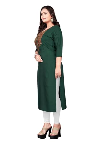 Image of Cotton Blend Embriodery Straight Green Kurti for Women