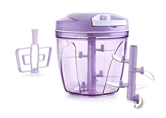 Shurveer 1000ml Round Kitchen Dori Handy Vegetable Chopper, Fruit, Onion, Dry Fruit, Salad Maker Quick String Chopper Machine, Cutter – 5 Stainless Steel Blades & Whisker ((Purple)