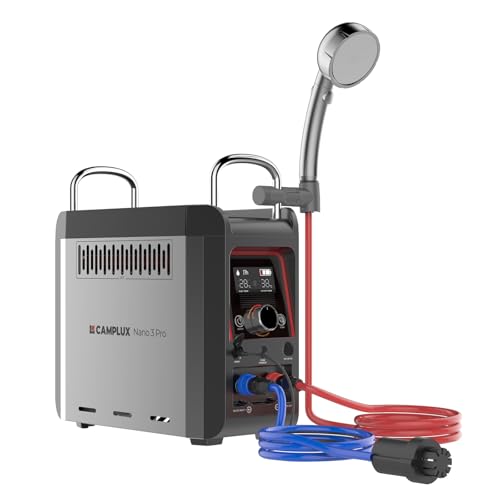CAMPLUX Calentador de agua a gas portátil con bomba, Nano 3 Pro Gas Shower 3L/min, calentador de agua caliente instantáneo LPG para ducha al aire libre, camping, senderismo