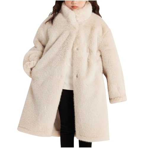 Girls Faux Fur Jacket Long Trench Coat Fuzzy Fleece Winter Warm Stand Collar Windbreaker Overcoat 6-16 Years