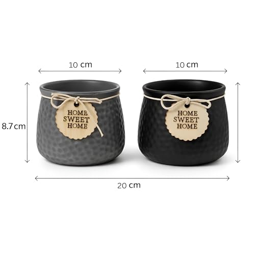 Image of Xtore Sleek Textured Ceramic Planter Set of 2 with Wooden Tag Accent | Modern Minimal Indoor Pots for Desk, Shelf & Home Styling (Pack of 2, Planter only)