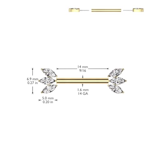 Pierced Owl 14GA ASTM F-136 Implant Grade Titanium Threadless Push-In Triple CZ Crystal Marquise Ends Nipple Barbells, Sold as a Pair2