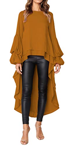 PRETTYGARDEN Women s Lantern Long Sleeve Round Neck High Low Asymmetrical Irregular Hem Casual Tops Blouse Shirt Dress (Yellow, Medium)