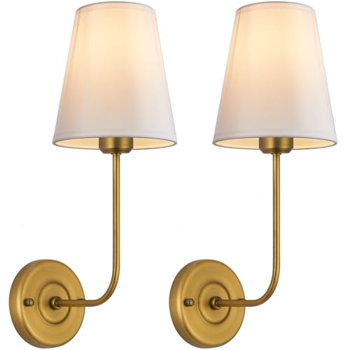 PASSICA DECOR Hardwired Wall Sconces Set of 2 Vintage Industrial Wall Lamp Light Fixture with Flared White Fabric Shade for Living Room Bedrooms Bedside Reading Fireplace Farmhouse