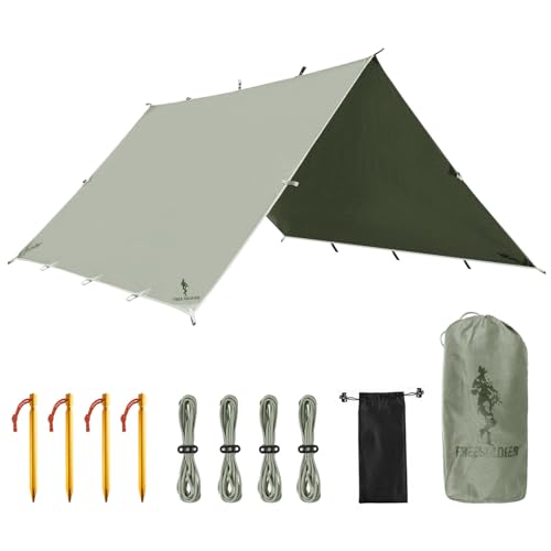 Camping tarp shelter with rain fly and guy lines
