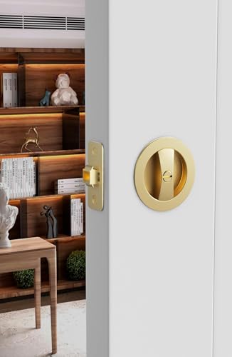Image of goldenwarm Brushed Gold Pocket Door Lock, Zinc Alloy Gold Pocket Door Hardware(2-3 /8 inch Backset), Pocket Door Handles Round Pocket Door Locks for Bathroom for Closet Door Lock - 1 Pack