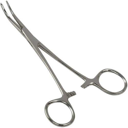 Precision Kelly Hemostat Forceps Locking Tweezers Clamp, Silver, Straight and Curved Stainless Steel (Curved, 7.25)