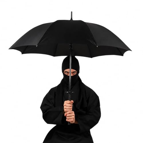 Image of Lightweight Japanese Samurai Long Handle Automatic Compact Umbrella - Windproof and Rainproof for Travel - Black