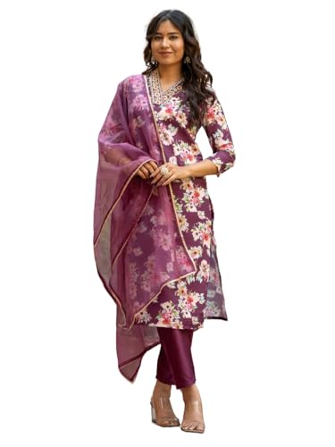 Image of Naixa Women's Rayon Embroidered and Printed Straight Kurta with Pant and Dupatta Sets Ethnic Wear, Rayon Fabric (NX2-507)
