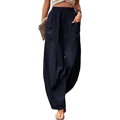 ZOCAVIA Women's Casual High Waist Pants Elastic Solid Color Loose Fit Straight Leg Summer Trousers with Pockets