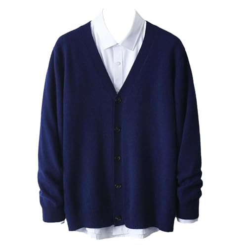 Men's Merino Wool Cardigan Sweater V-Neck Knitted Sweater Cardigan Casual Loose Long Sleeves Tops Navy Blue