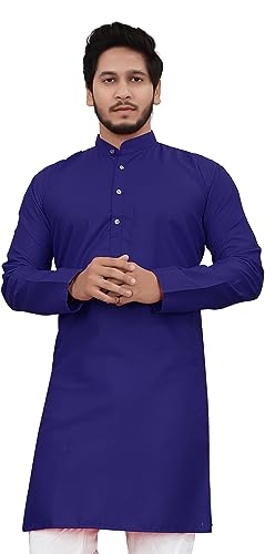 Image of Cotton Blend Full Sleeve Long Plain Kurta for Men