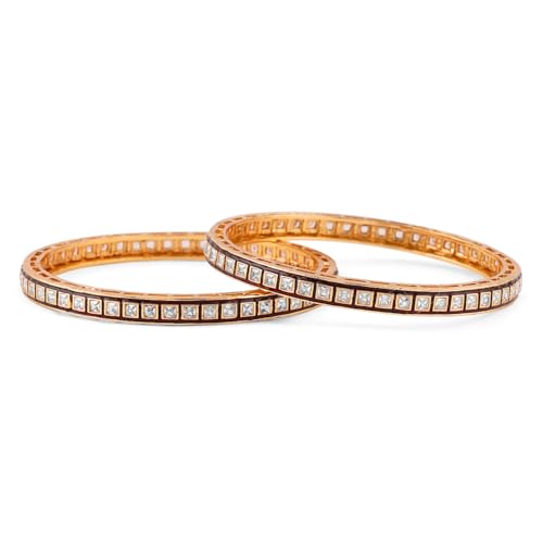 Image of Rubans Set of 2, 22K Gold-Plated Red-Bordered Square-Cut White Cubic Zirconia Studded Bangles