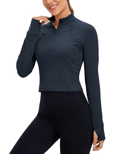 Image of CRZ YOGA Butterluxe Half Zip Crop Top | Workout, Extremely Soft, Slim Fit, Thumbholes, Side Pocket, Long Sleeve Shirts for Women