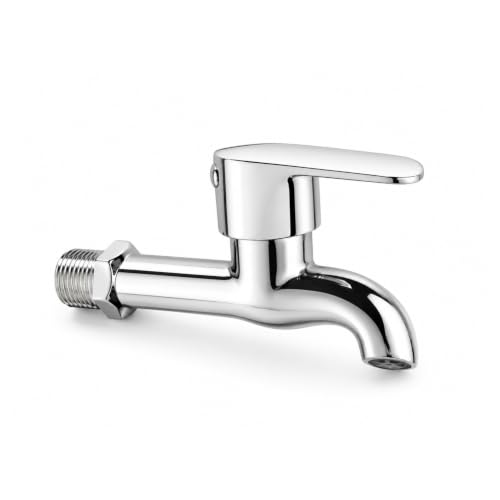 Image of Stainless Steel Long Body Bib Cock Water Tap for Bathroom & Kitchen - Chrome Finish Wall Mounted Bibcock Tap Faucet with Leak-Proof Valve & Water-Saving Aerator (Silver, 4 x 4 Inches)
