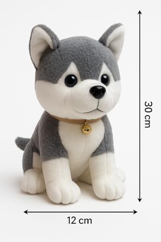 Image of Plush Husky Dog Soft Toy, Grey and White, 18 cm, Super Soft Material with Bell Collar, No Assembly Required, for Ages 3-40 Years