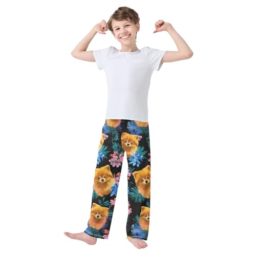 ZZXXB Pomeranian Trpical Flowers Boys Long Pants Soft Trousers Elastic Waist Kids Lounge Bottoms with Pockets S-XL3