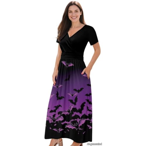 Image of Women's Fall Summer Short Sleeve Ankle Length V-Neck Party Dress with Pockets Size S-3XL