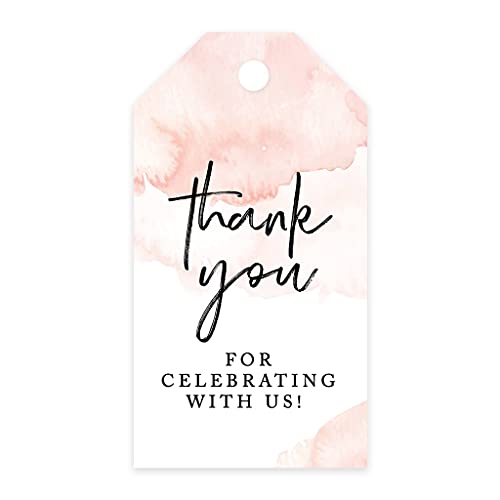 Andaz Press 100-Pack Thank You for Celebrating with Us Favor Tags Coral Brushed Watercolor Cardstock Gift Tags with Bakers Twine for Wedding Baby Shower Bridal Shower Party Favors 2 x 3.75-Inches