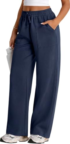 Image of Q - RIOUS Women's Wide Leg High Waisted Baggy Lounge Sweat Pants Drawstring Athletic Flared Joggers with Pockets