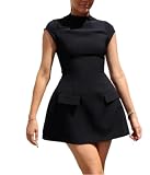 ANKOMINA Women's Elegant Pockets Mini Dress Cap Sleeve Mock Neck Tank Short Dress Bodycon Casual Work Office A Line Dresses Black