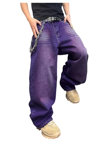 SHENHE Mens Wide Leg Jeans Vintage Baggy Jeans Casual Loose Fit Denim Pants with Pockets Purple Large