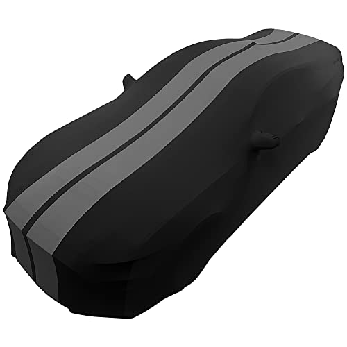 Image of SR1 Performance USA Mustang Indoor Car Cover 2005-2024 - Ultraguard Stretch Satin Custom Fit, Dust Cover, Breathable Scratch-Resistant Sport Series Stripe (Black /Gray)