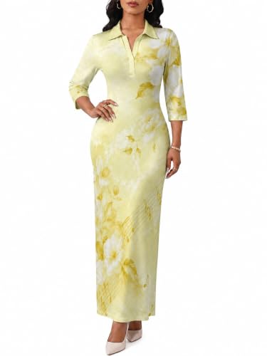 Image of PinkPatty Women's Casual 3 /4 Sleeve Polo V Neck Bodycon Maxi Dress