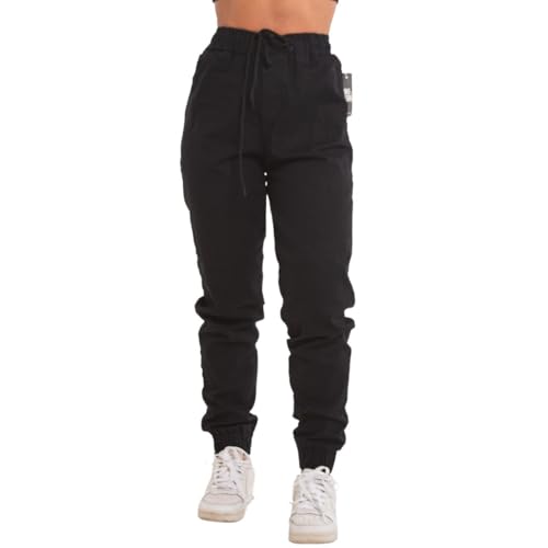 Calças Jogger Jeans Feminina Com Elástico (BR, Alfa, P, Regular, Regular, Preto)