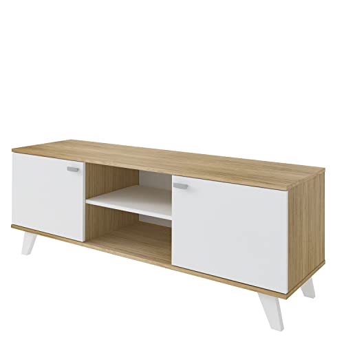 MOMMA-HOME-Mueble-TV-Salon-Mesa-de-television-2-Puertas-y-Baldas-centrales-Acabado-en-Roble-y-Blanco-Patas-de-Madera-Modelo-QUIATUR-140-cm-Largo-x-51-cm-Alto-x-40-cm-Fondo