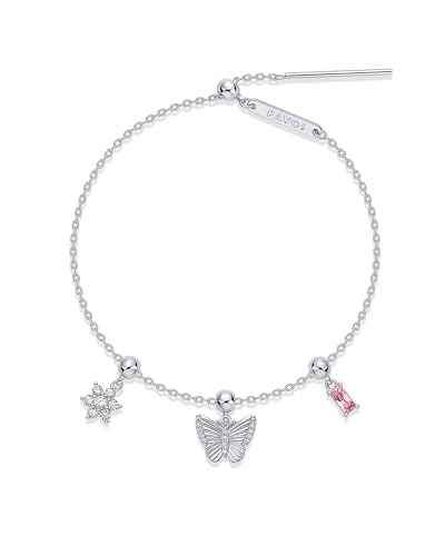 PAVOI Rhodium Plated Bracelet for Women | Fashion Gold Jewelry with Removable Butterfly, Flower, and Baguette CZ Charms | Adjustable Trendy 7-Inch Gold Bracelet Set