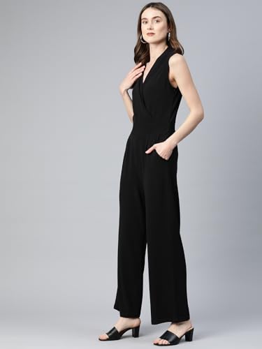Image of Cottinfab Women Solid Black Sleeveless Jumpsuit