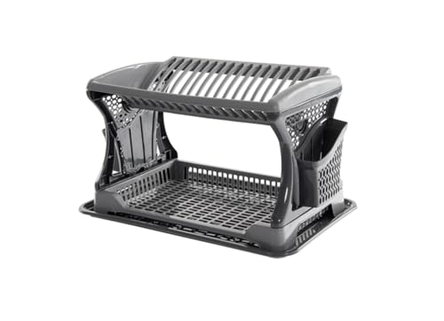 GIOCOKIDS Escurridor de Platos Grande Negro/Gris de Plástico – Escurreplatos con Doble Bandeja y Cesta para Cubiertos 51x28x35 cm
